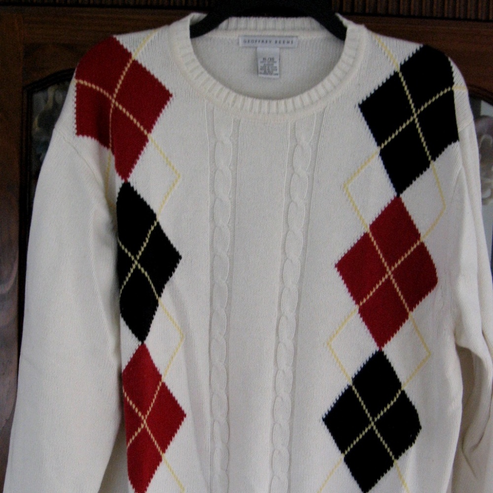GEOFFREY BEENE ARGYLE CREAM CREWNECK SWEATER XL